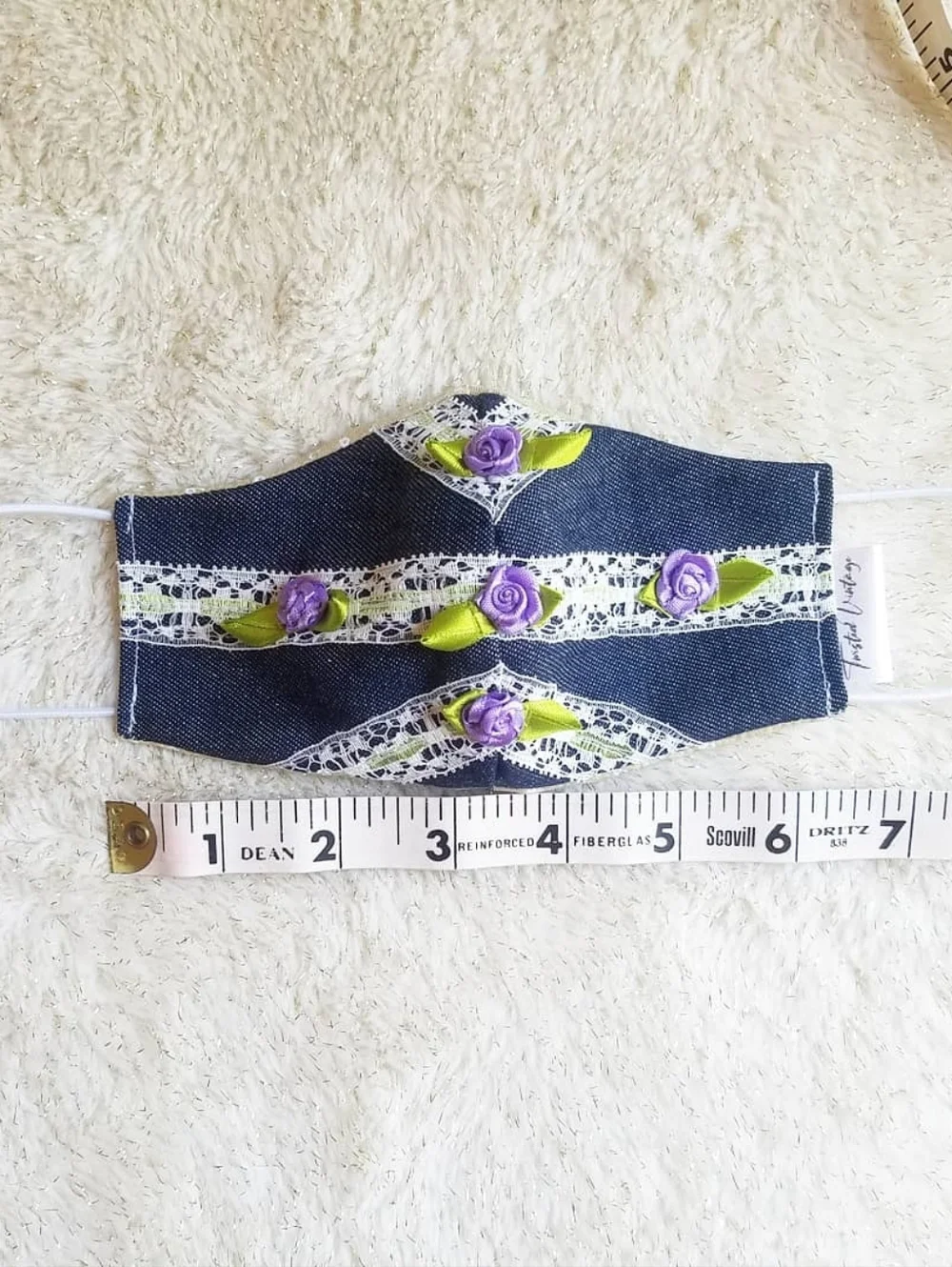 Handmade Little Flower Girl Denim Lace Mini Purple Roses Face Mask 5T